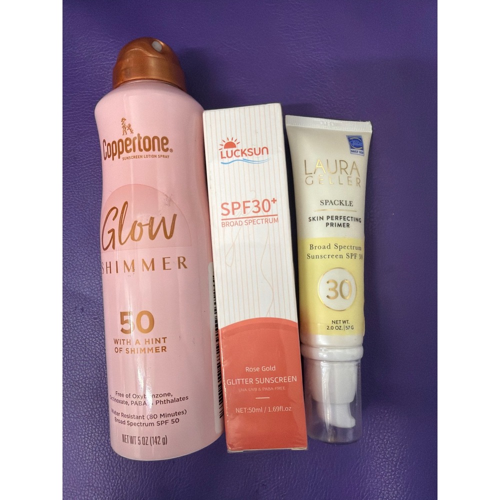 Coppertone Glow Shimmer SPF 50 Lucksun Rose Gold Glitter Laura Geller Primer Set